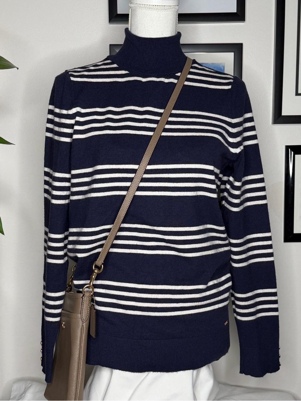 Chaps RL Women's Navy/White Striped Knit Mock Neck Pullover Sweater Size M
